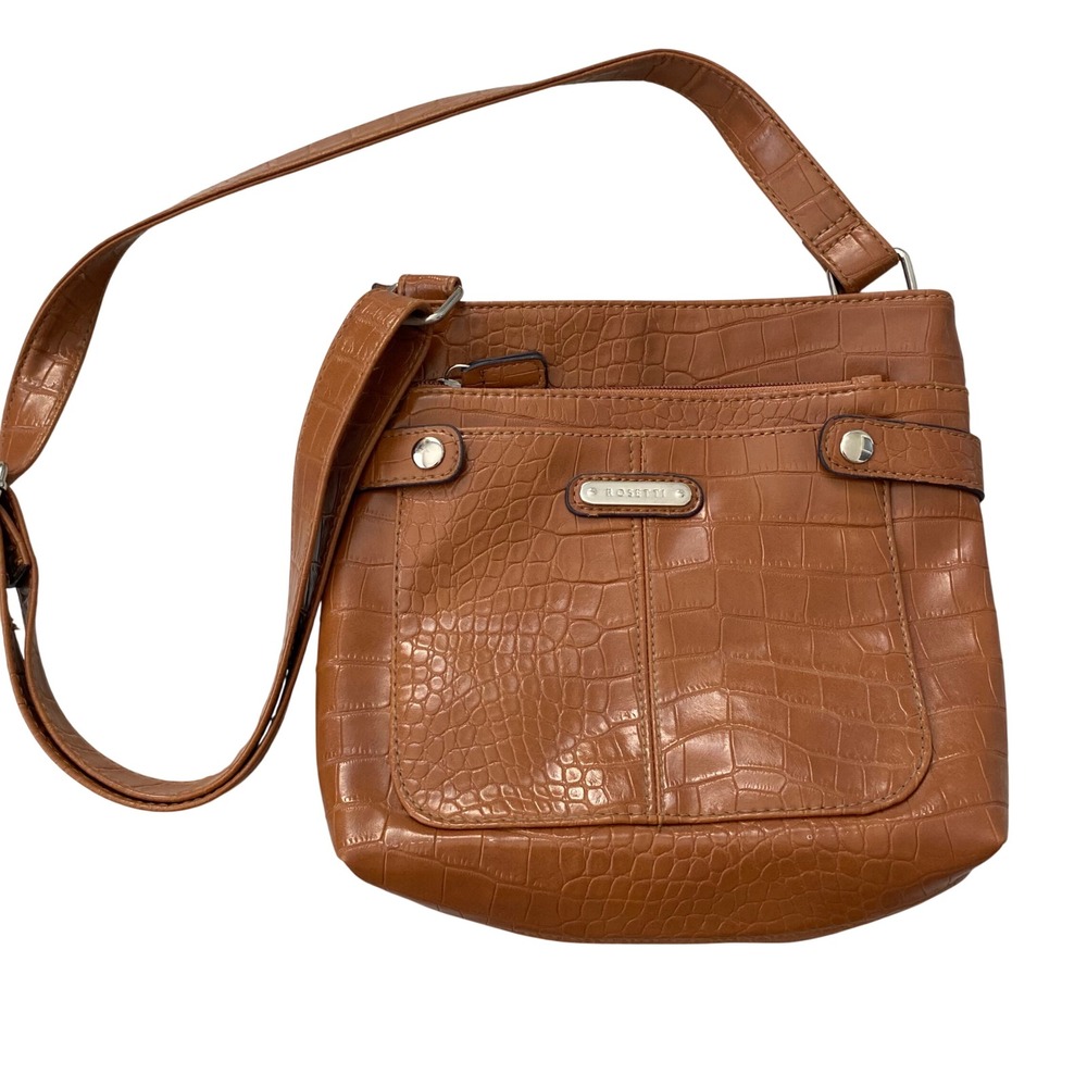 Rosetti Cognac Brown Crocodile Embossed Faux Leather Crossbody Bag‎ Multi-Pocket